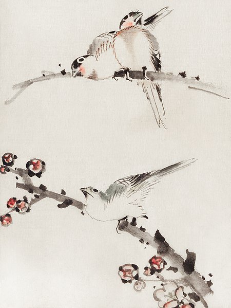 Three Birds Perched on Branches by Katsushika Hokusai (1760-1849)