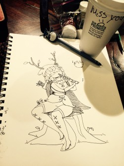 caylachicovsky:  doodling huntress wizard at starbucks! It’s my last night in colorado, and the barista I always harass wrote me a note 