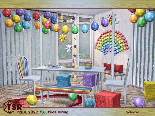 ***PRIDE 2022. Pride Dining*** Sims 4 Includes 10 objects: balloon, bench, dining chair, curtain, di