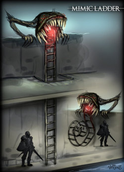 we-are-rogue:Mimic Ladder /  Bonfire Mimic  /  Corpse Mimic  /  Barrel Mimic  by vempirick 