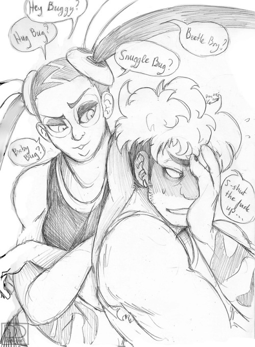 ponpox: I drew Goozm and Plum today because I love them both very much (I may have been listening to Guzma’s encounter theme for about 4 hours today at work oops) Plum is taller than Guzma and Guzma get’s flustered when you call him cute bug-related