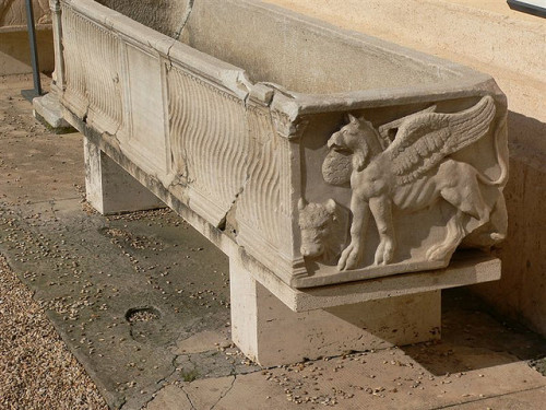 dwellerinthelibrary:Roman sarcophagus with Griffin by mharrsch on Flickr. Photo by Mary Harrsch.
