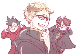 haikyuun:  GIVE ME DEMON TRIO OT3  I just wanted to draw my hc part of Tsukishima if he were in Final Haikyuu Quest but I still want him sandwiched between Kuroo and Oikawa either way /w\ 