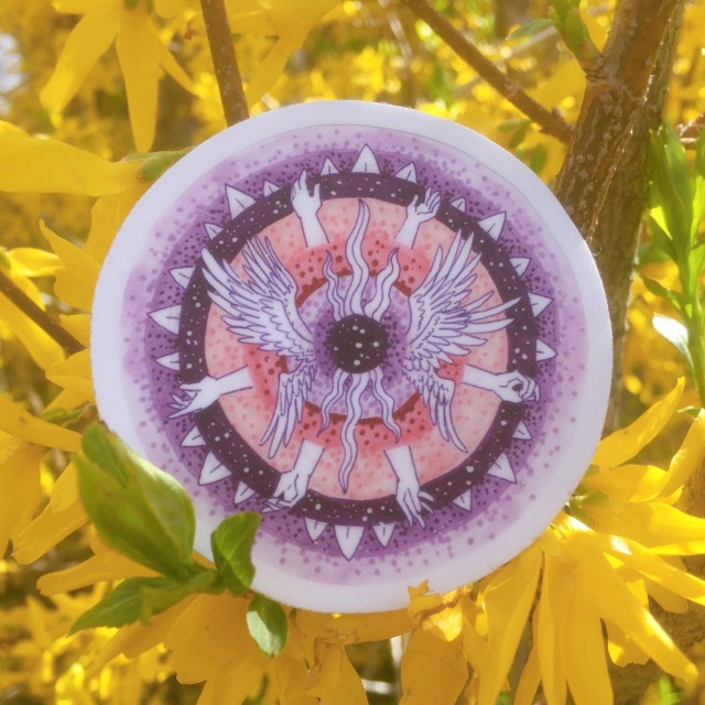 a purple freeform illustration sticker surrounded by yellow flowers