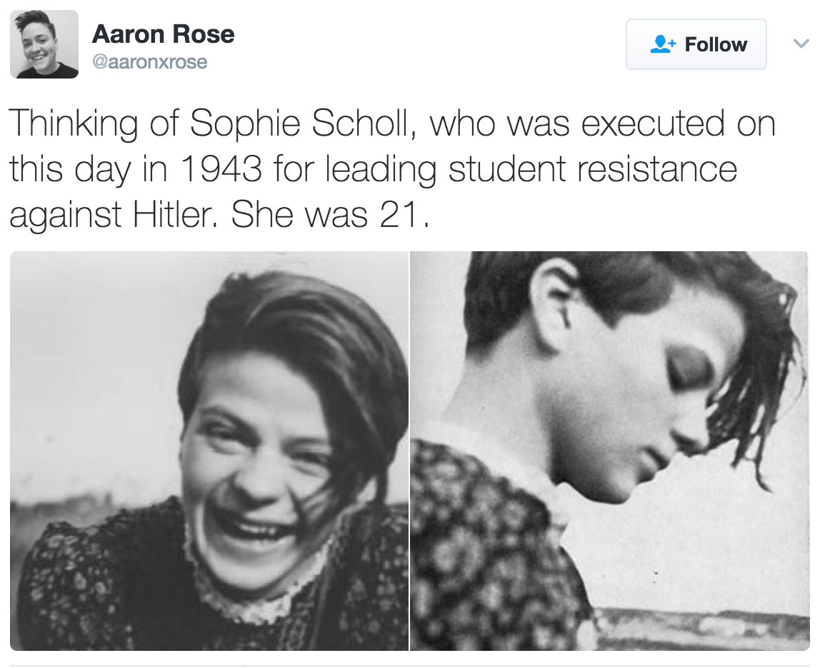 secretgaygentdanvers:  phroyd:  Sophie Scholl’s last words:  “How can we expect