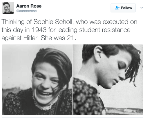 secretgaygentdanvers: phroyd: Sophie Scholl’s last words:  “How can we expect righteousness to prev