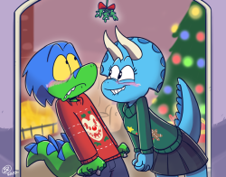 ztoons:Two dinos caught under the mistletoe~ 