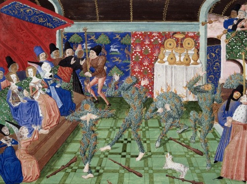 Le Bal des Ardents. Illuminated miniature from Jean Froissart’s Chroniques by Philippe de Maze