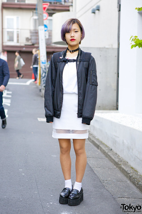 18-year-old Miliyah Kato fan in Harajuku with lilac hair, sheer inset skirt, and Emoda platform loaf