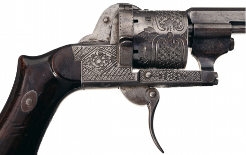 Cased and engraved French pinfire revolver, mid 19th century.