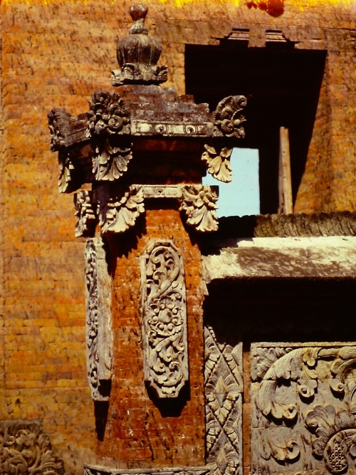 Decorative Carvings, Hindu Temple, Tabanan, Bali, 1979.Not certain if the carvings are stone or cera
