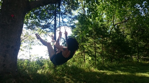 tieduptee:  Had to add more of my self suspension! I cannot wait to do more with prettier ties and less clothing 😍🌲☀➰➰➰➰ 