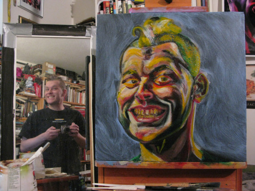 Here’s a process view of my latest self-portrait.  Golden acrylic paints on canvas.