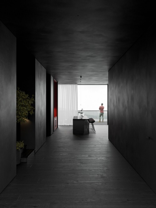 Dark and Mysterious Interior With Red Accents