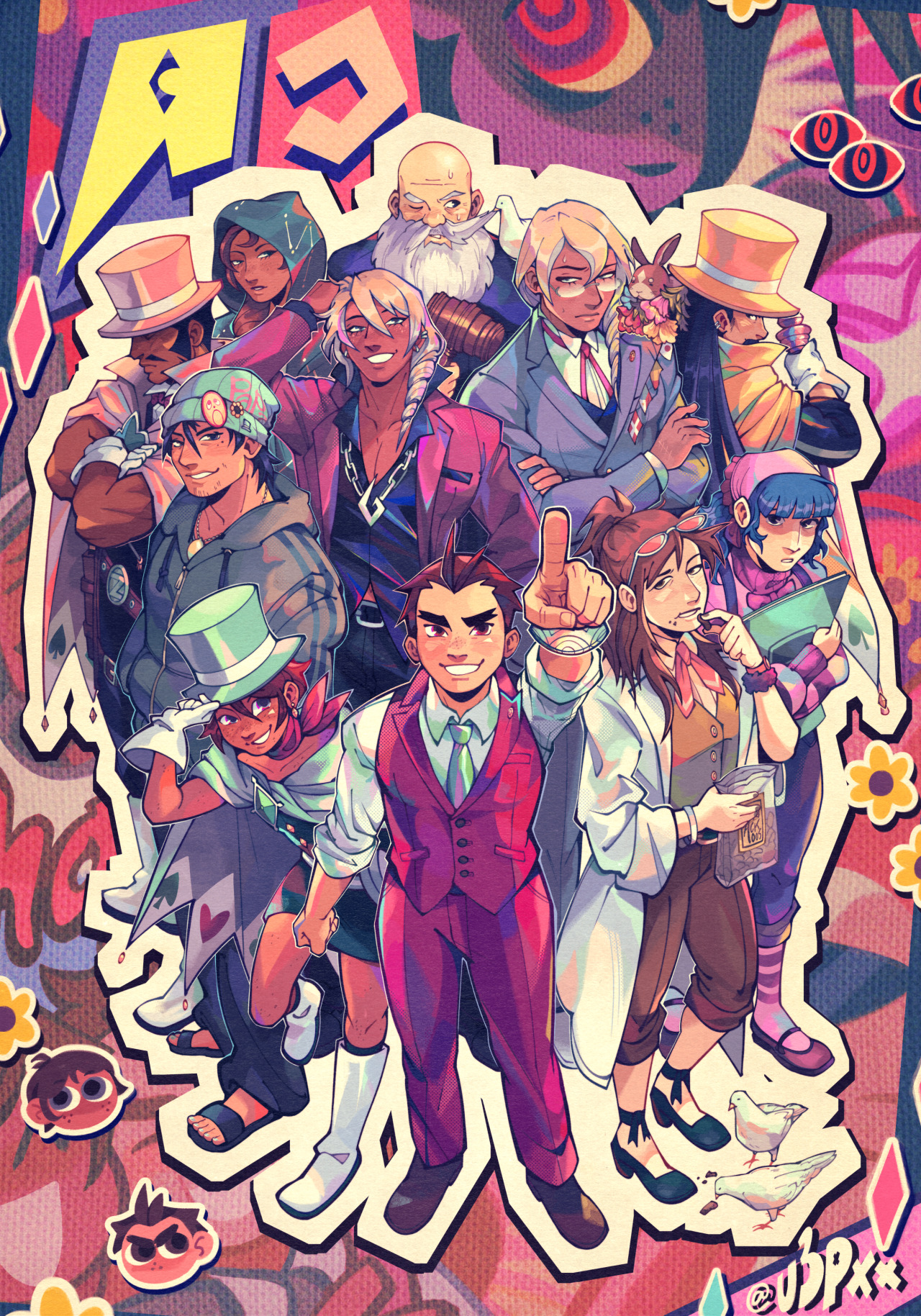 A digital redraw of a piece of official art that has Apollo Justice, Trucy Wright, Phoenix Wright, Ema Skye, Klavier Gavin, Kristoph Gavin, Vera Misham, Zak Gramarye, Valant Gramarye, Lamirior and the Judge all seen from the top view.  All the characters are colored in a way that makes them look iridescent and vibrant. The background is a colorful collage of various AA4 things. The text "AJ" is placed in a paper cutout style on the top left side of the drawing.