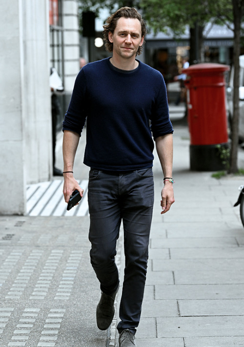 theavengers: Tom Hiddleston seen leaving BBC Radio 2 Studios on May 11, 2022 in London, UK
