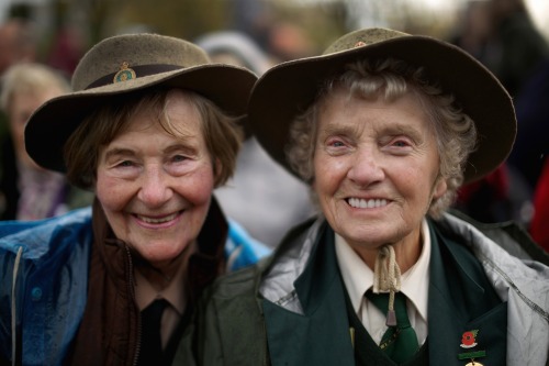 womenatwar:
“ STAFFORD, ENGLAND - OCTOBER 21: Former Land Girls Iris Halfpenny (L) and Iris Newbould smile as they brave the high winds during the dedication ceremony of the new memorial to honour women who served in the Land Army during World War...