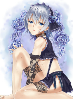 maddiesboys:  (via Gelbooru- Image View - 1boy androgynous bare shoulders barefoot blue hair blush bow crossdressing elbow gloves flower gloves hair flower hair ornament headdress heirou long hair looking at viewer male original short hair silver hair