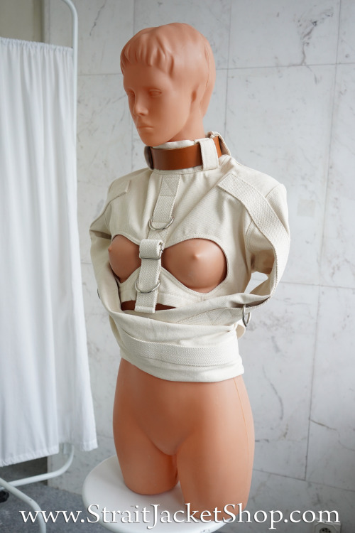  Custom tailored short Straitjacket with open breasts and leather neck collar that we made!If you ne