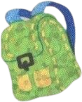sticker of a green backpack with blue straps and yellow pockets.