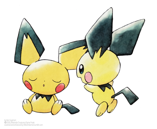 hirespokemon:2000, Ken Sugimori, Pichu and Shiny Pichu, additional gen 2 promotional art from the Po