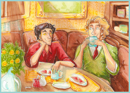 ouidasart:Aziraphale and Crowley having a cozy breakfast, a commission I did for my friend @d20owlbe