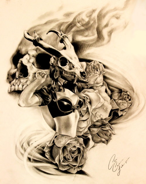 nephtystattoo:Pin-up, skulls and roses by Coconut-CocaCola