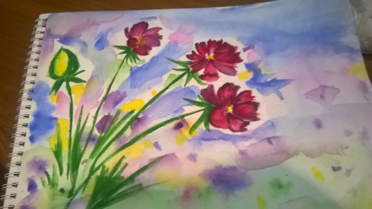 Four Cosmos in a Field.  I painted the background in the style of the tutorial, which