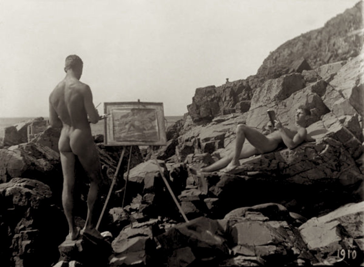 vintagehandsomemen:    Artist Einor Bagner painting a nude while in the nude himself,