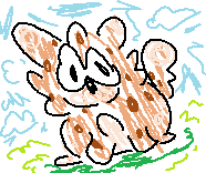 a light orange animal with lighter paws, muzzle, belly, and tail tip, with darker spots all around. he's standing in a field