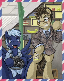 doc-and-jack-pony:     Doctor: Gahh…this thing used to fit…it wasn’t that tight… Jack:I don’t know-I think it makes you look pretty dashing. Why don’t you give us a little spin? Doctor: Like this? [Spins] Jack:[Took a photo with flash light]
