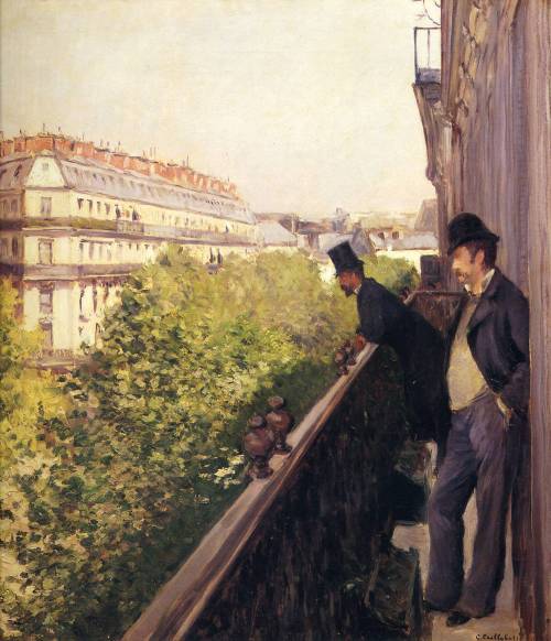artchiculture:Gustave Caillebotte - A Balcony, Boulevard Haussman, 1881. 
