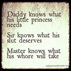 daddysprincess84:  My Daddy, my Dom and my Master all are mine and I am his. I love the various dynamics we are able to incorporate into our relationship, varying it to suit Daddy’s needs. Perfection xx