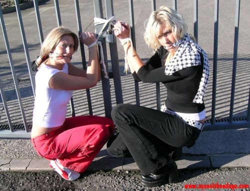 xlerstville:  graybandanna:  Busy agenda for the day: Bound and gagged in the back of a car Tied to a fence, gag removed Joined by another girl, gagged again Re-tied to fence and blindfolded with same scarves used for gags  Quite the agenda!