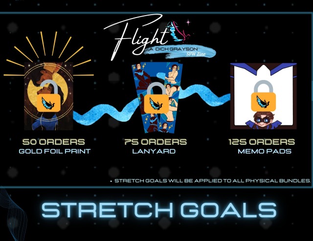 A graphic announcing that Flight zine has unlocked its first stretch goal, a gold foil print