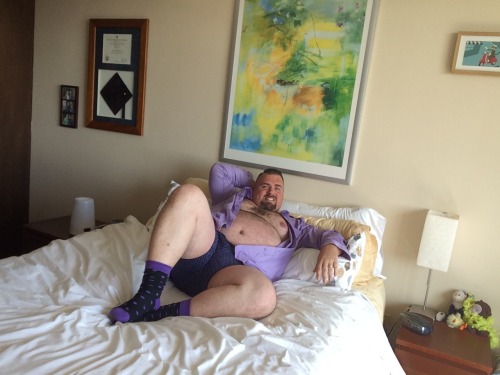 theunderwearbear:  I got these purple trunks from Marks & Spencer in Dublin…who wants to help me take this shirt and socks the rest of the way off?  ;-) (All my selfies are under the #gpoy tag here if you want to see more!) 