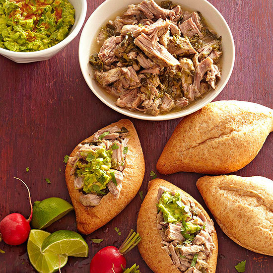 bhgfood:  Grilled Chile Pork Tortas with Freezer Guacamole: Crusty Mexican sandwich
