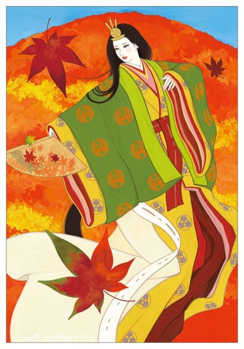 Tatsutahime (Autumn goddess) and Ukanomitama (Spirit of rice), beautiful illustrations by Miki Katoh