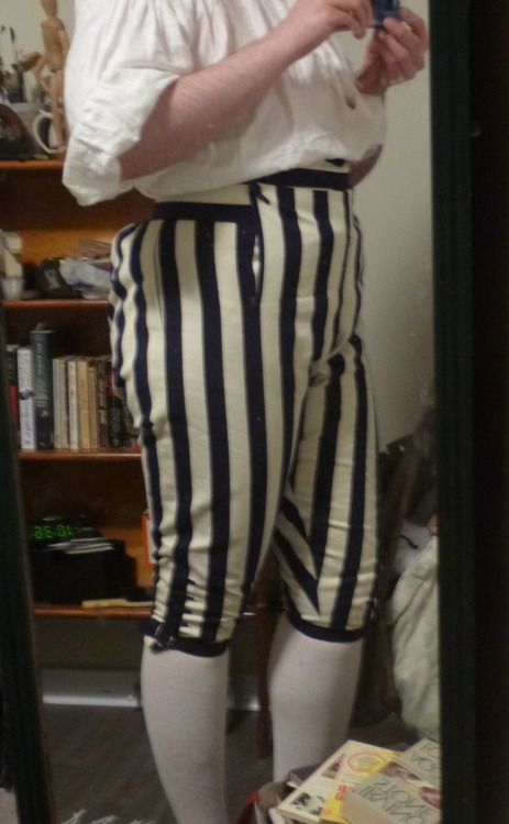 vincentbriggs:I started these excessively stripey cotton breeches early last year to test a pattern 