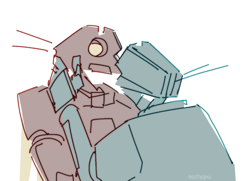 simple messy digital animation of V2 and Mirage from the waist up. in the animation, Mirage holds V2's face and leans in to hit their faceplates together in a kiss. when she backs up, V2 has a happy expression on its face.