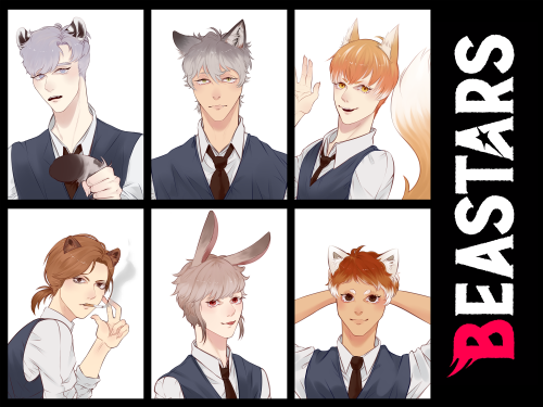 Beastars OCs(Left to right: snow leopard, gray wolf, red fox, Japanese weasel, brown rabbit, red pan