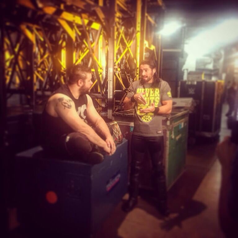 icouldbewubwubwub:  Seth Rollins draws up a plan of attack with Kevin Owens backstage
