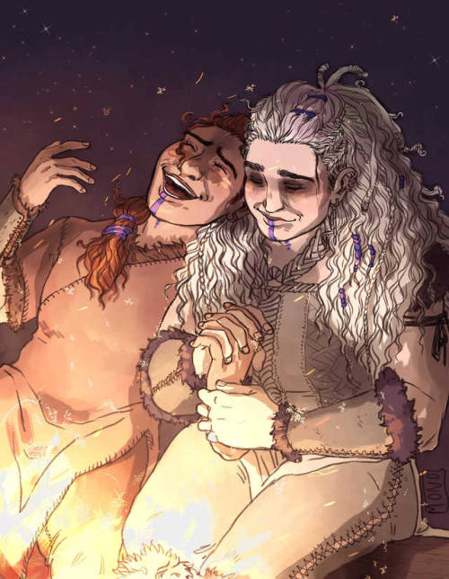 infernallegaycy: mono-blogs: A tender, happy moment. [id: an illustration of zuala &amp; yasha. 