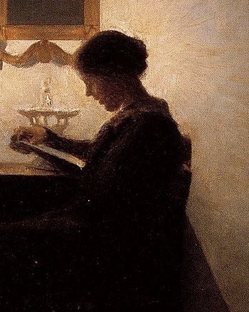 coronam:Woman Reading by Candlelight (detail) by Peter Ilsted
