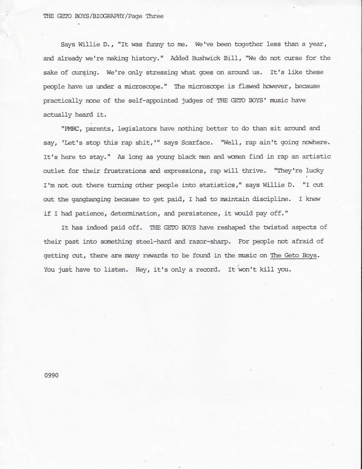 Geto Boys Def American Press Kit (1990)