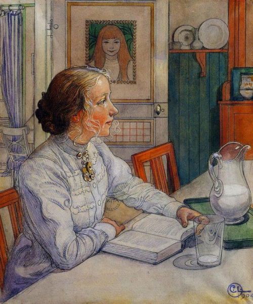 womeninarthistory:My Eldest Daughter, Suzanne with Milk and Book, 1904, Carl Larsson 