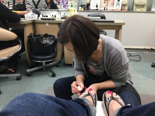 Chrissy went with me to get a pedi yesterday-his first one! I picked a pretty pink. He likes purple 