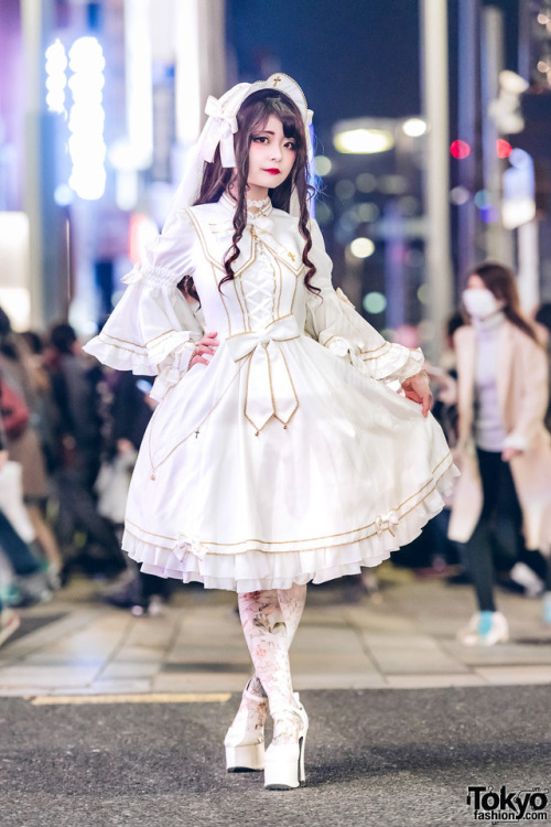 tokyo-fashion: Japanese lolita Sana Seine on the street in Harajuku wearing an all white look featur
