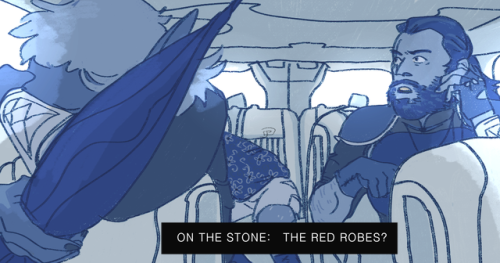 mspainttaz: [i.d.: Tres horny boys in a car. The caption says: “on the stone: the red robes?&r