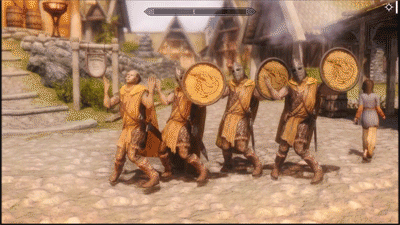 A group of Whiterun guards dancing.